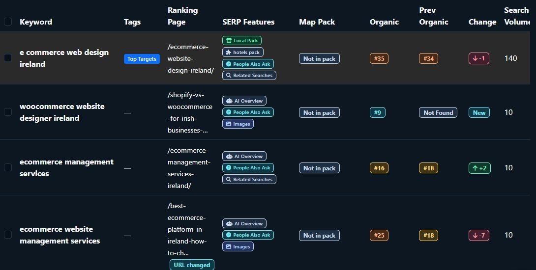 Saved keyword tracking results for Seller’s Bay’s own website; example results, not a ranking guarantee