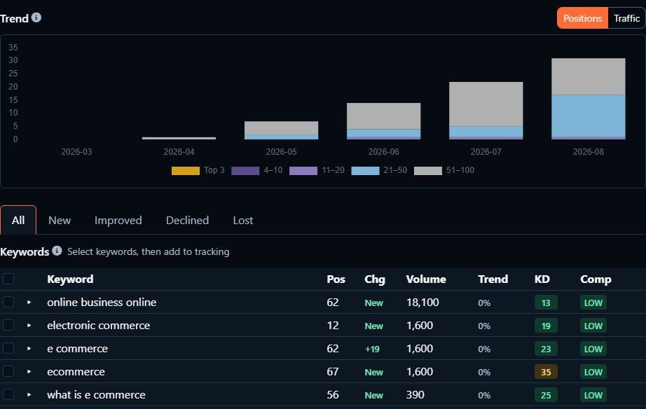 Seller’s Bay Organic Visibility: saved ranking trend and keyword report for our own website